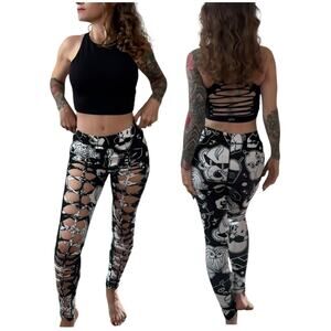 FUTURE FANTASY DELIGHT Slit Weave Graphic Leggings Streetwear Rave Festival Sz M